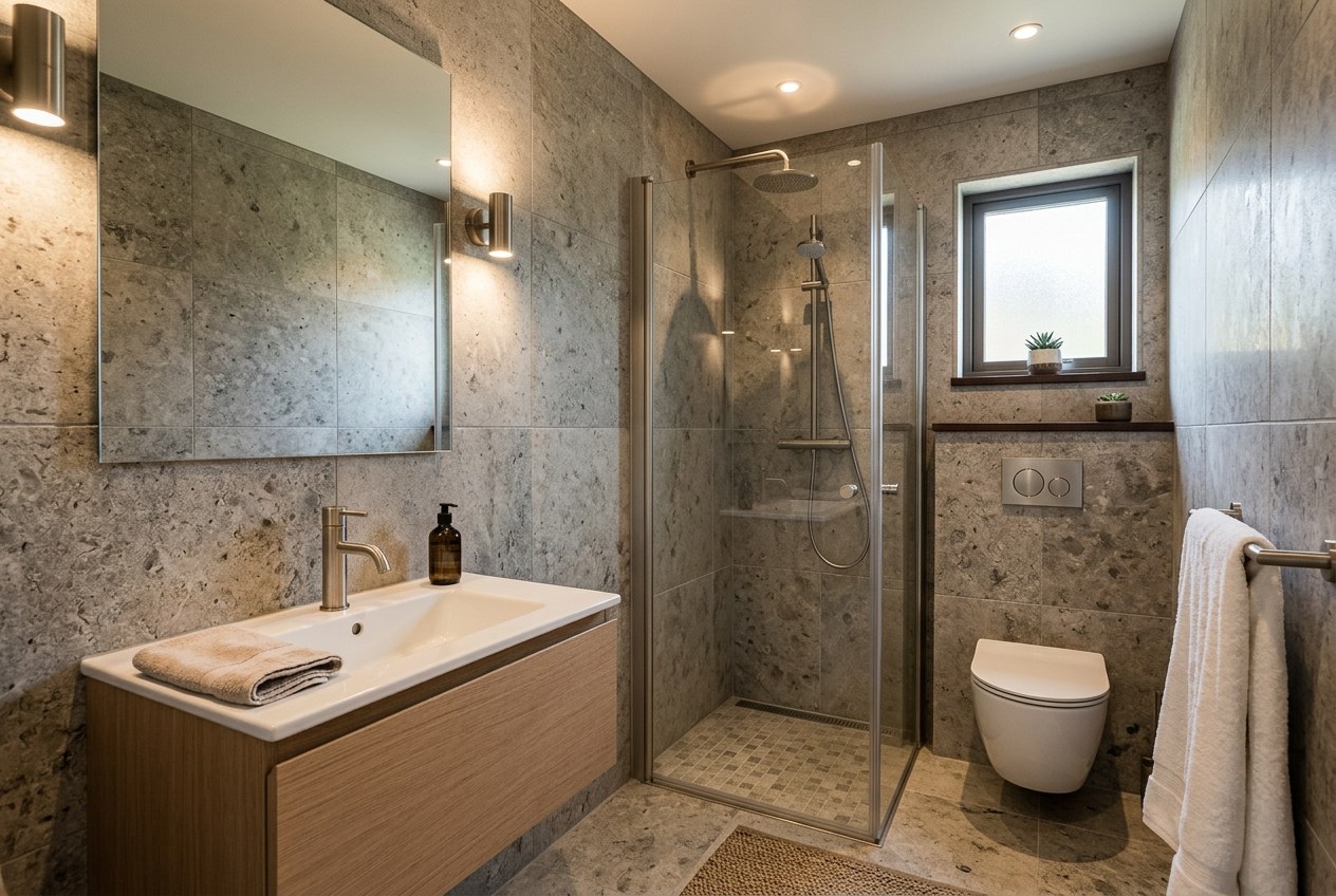 Compact bathroom interior with coordinated brushed metal fixtures, stone tiles, calm lighting.