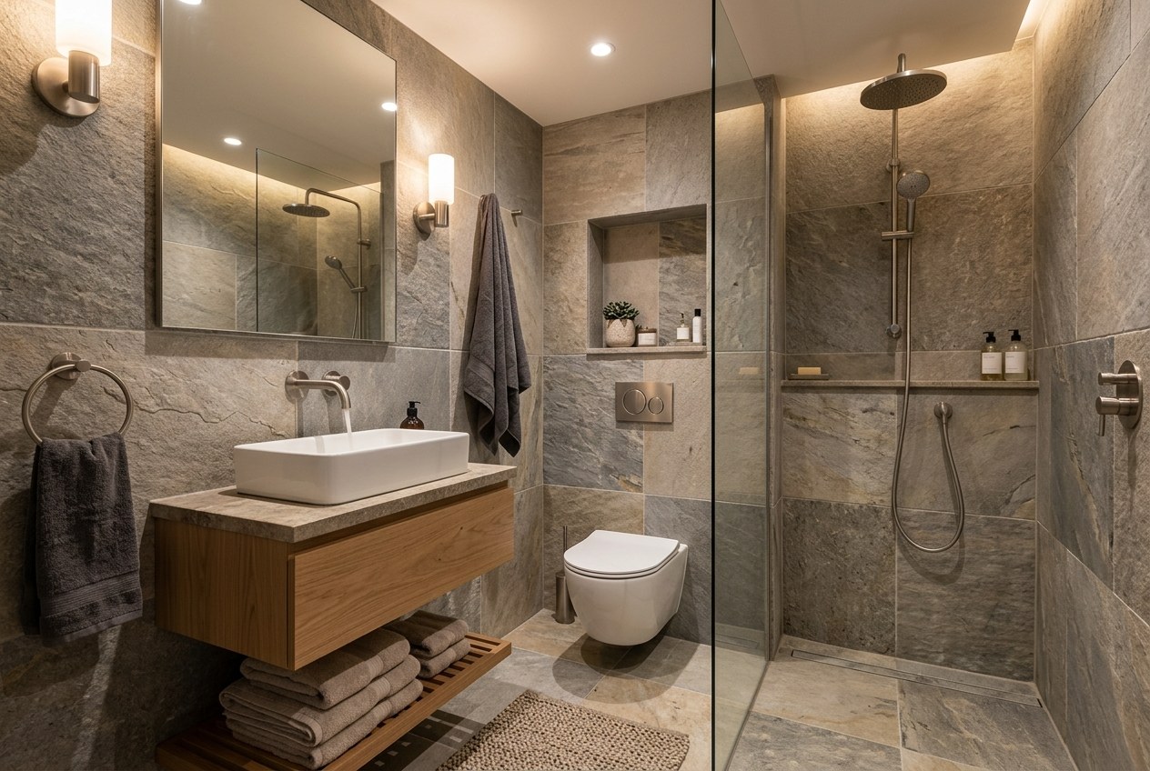 Compact bathroom interior with coordinated brushed metal fixtures, stone tiles, calm lighting.