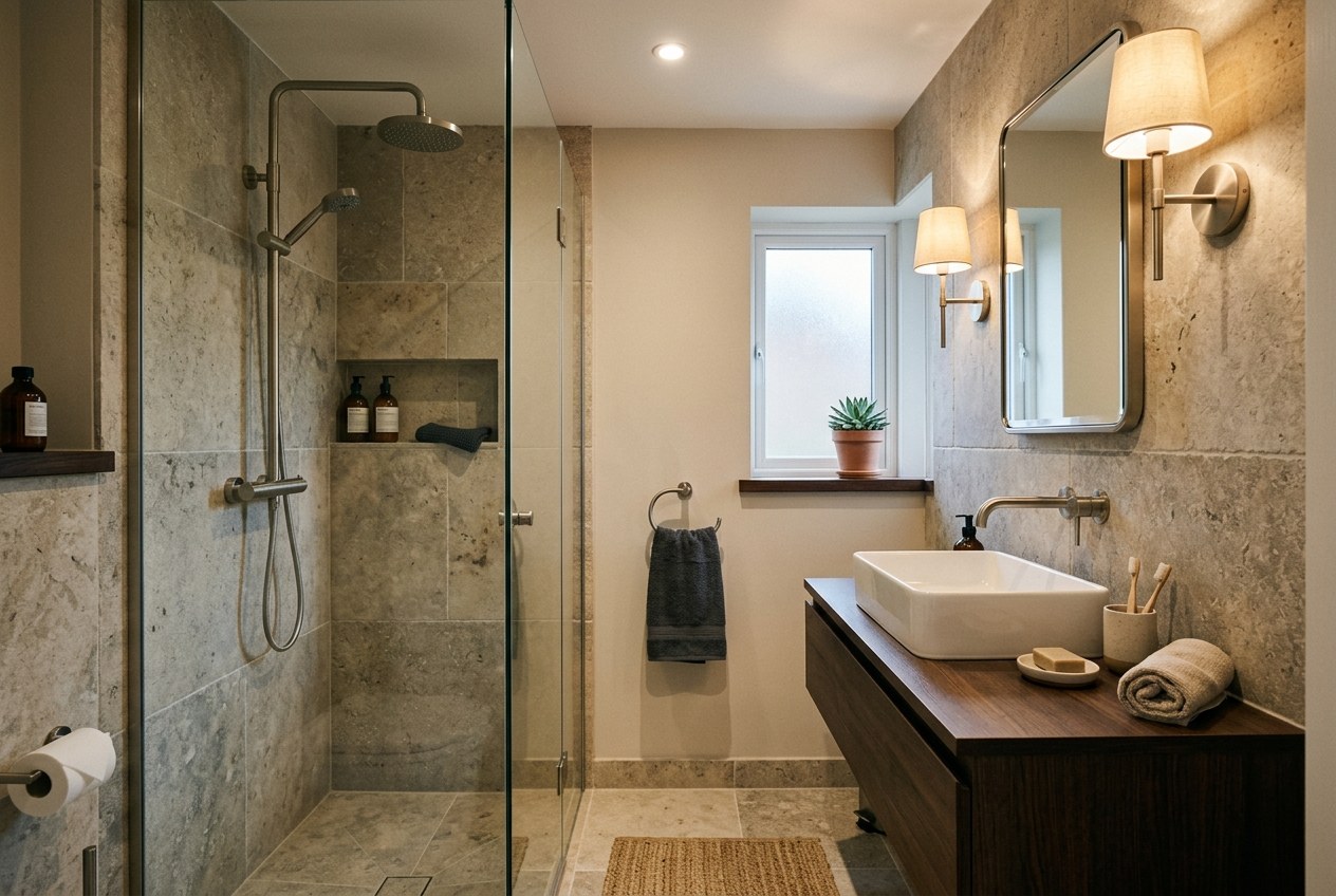 Compact bathroom interior with coordinated brushed metal fixtures, stone tiles, calm lighting.