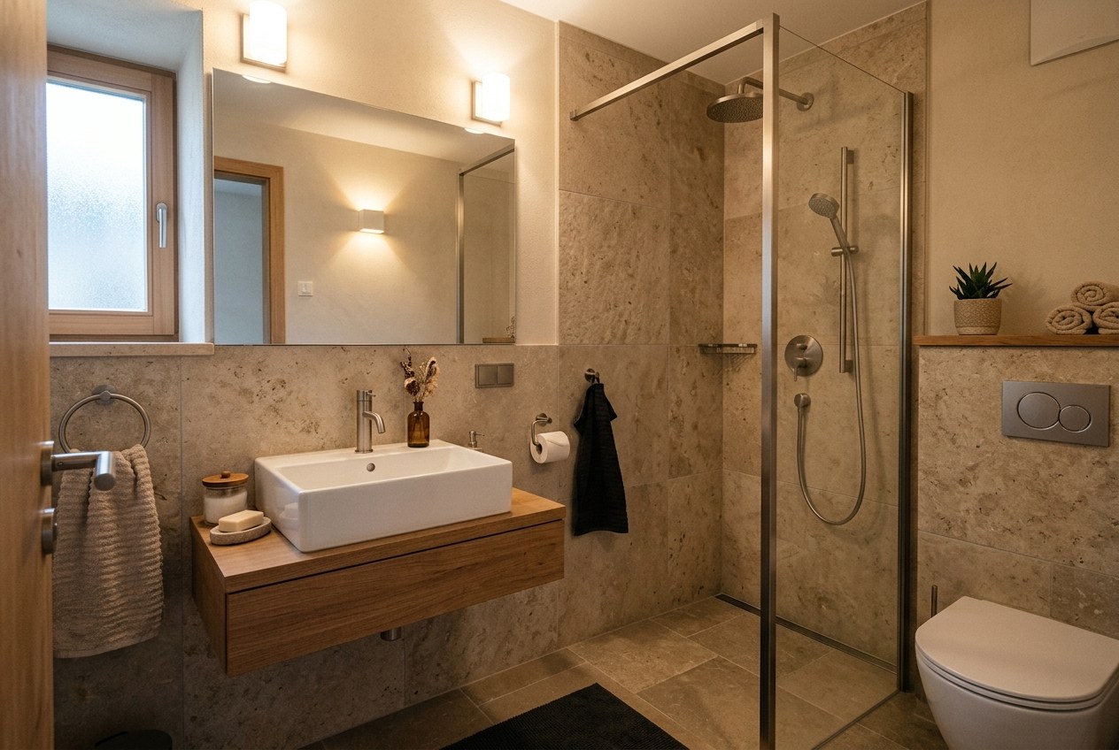 Compact bathroom interior with coordinated brushed metal fixtures, stone tiles, calm lighting.