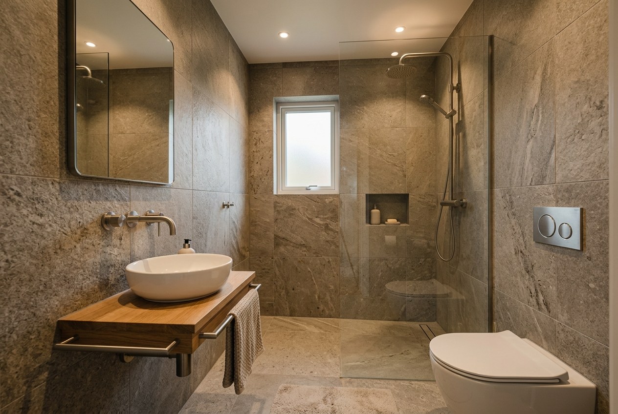 Compact bathroom interior with coordinated brushed metal fixtures, stone tiles, calm lighting.
