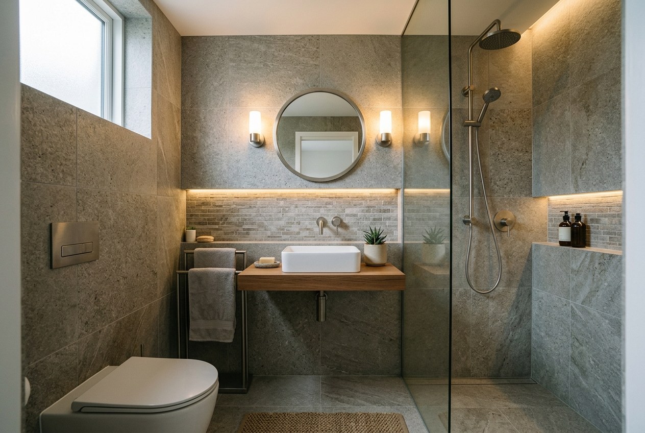 Compact bathroom interior with coordinated brushed metal fixtures, stone tiles, calm lighting.